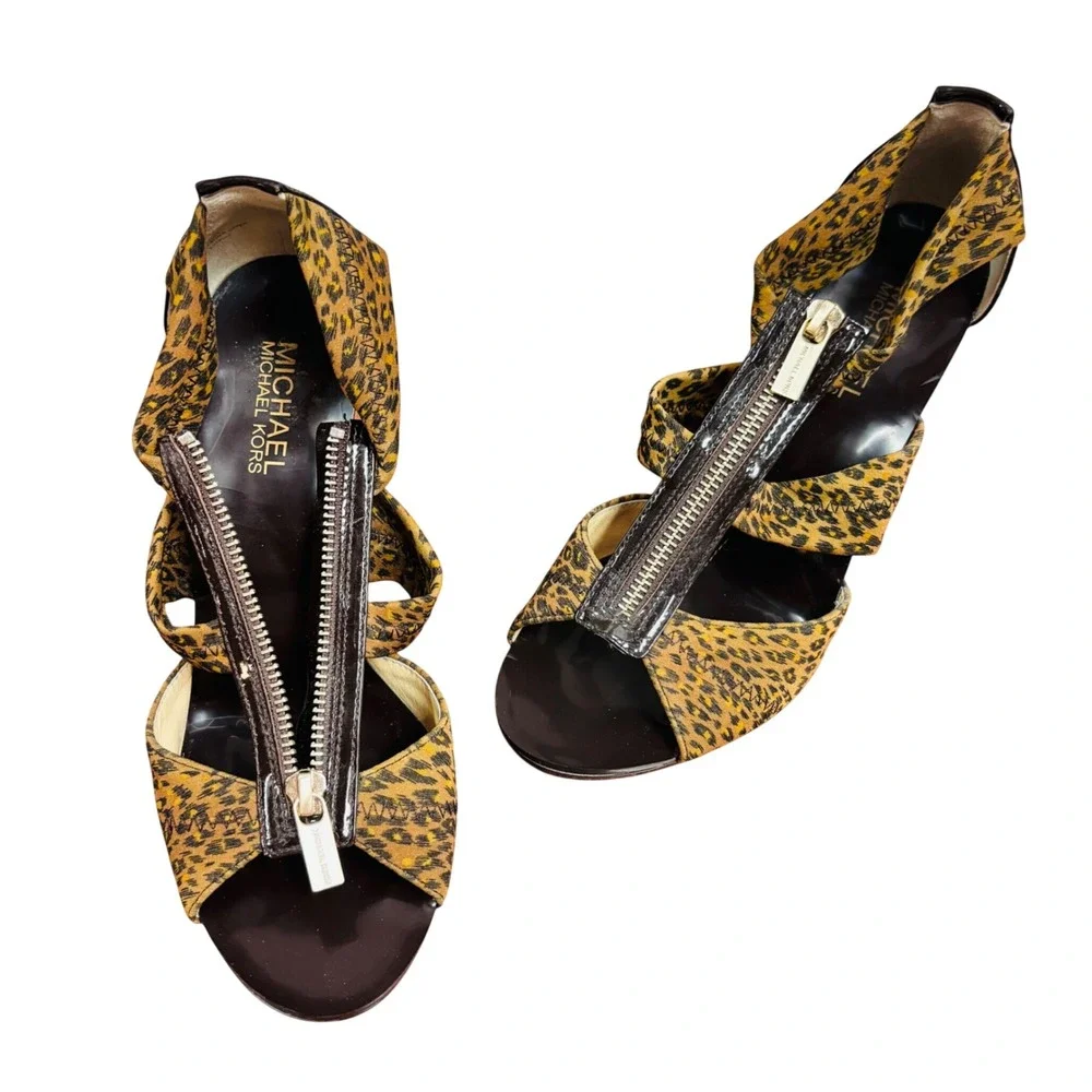Michael Kors Womens Leopard Print Front Zip Stiletto Heels Brown Patent Size 8M